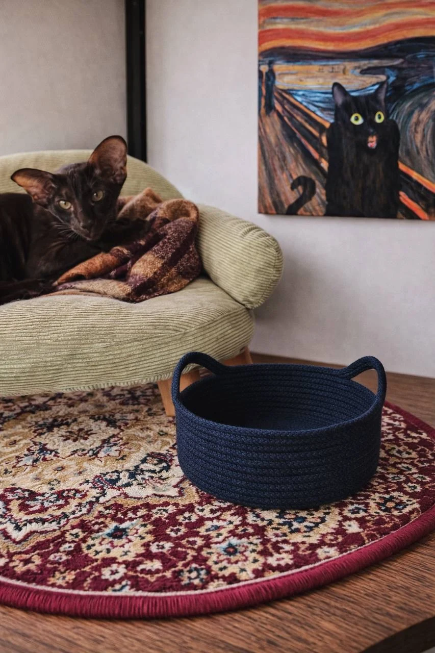 Тёмно-синяя корзинка PawCraft с ручками в интерьере